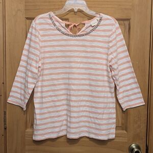 Chico's Rockstar Stripe Embellished Neckline 3/4 Sleeve Top Peach Sz 2 LG Casual